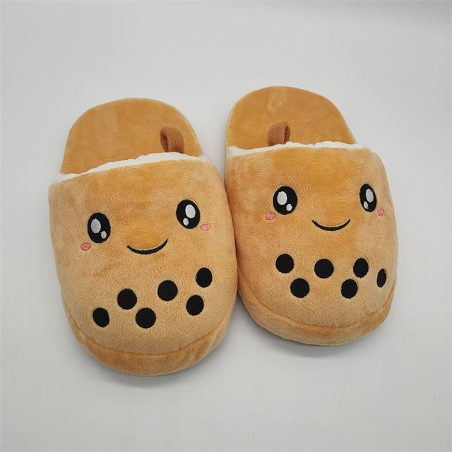 Custom Cute Cartoon Design Boba Milk Tea Plush Shape Indoor Shoes Plush Boba Slipper 11