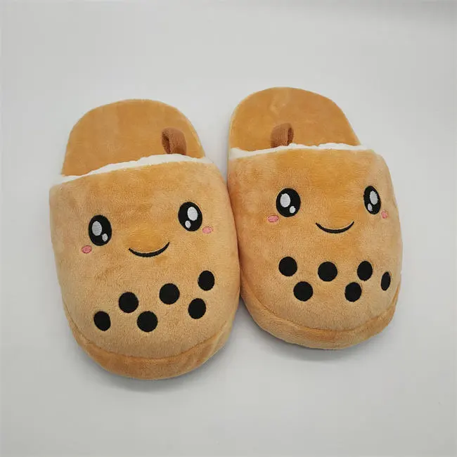 Custom Cute Cartoon Design Boba Milk Tea Plush Shape Indoor Shoes Plush Boba Slipper 1