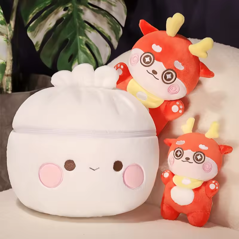Custom Cute Design Stuffed Pillow Steamed Bun Dragon Plush Toys Set 4