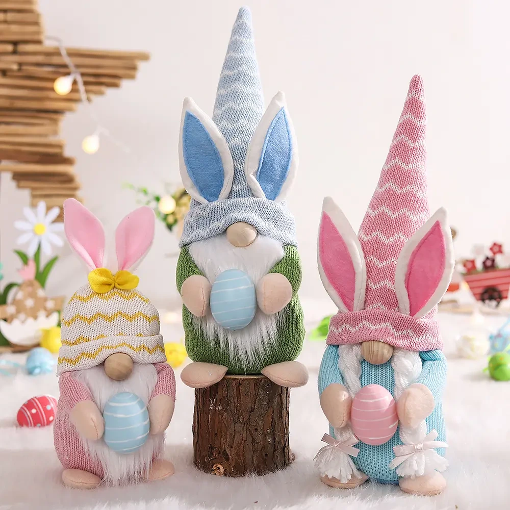 Easter scene layout props dwarf doll ornaments knitted cloth holding eggs Forest People rabbit doll 1