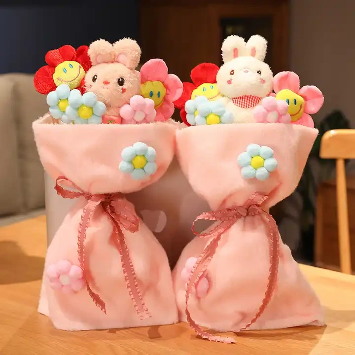 Valentine Day Gift Beautiful Stuffed Soft Plush Flower Toy Flower Bunny Bear Plush Bouquet 1