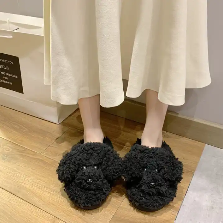 New Winter Woman Slippers Shoes Plush Dog Animal Slipper Fashion Dog Faux Fur Women Shoes 4