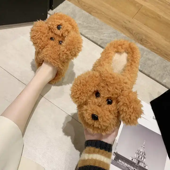 New Winter Woman Slippers Shoes Plush Dog Animal Slipper Fashion Dog Faux Fur Women Shoes 6