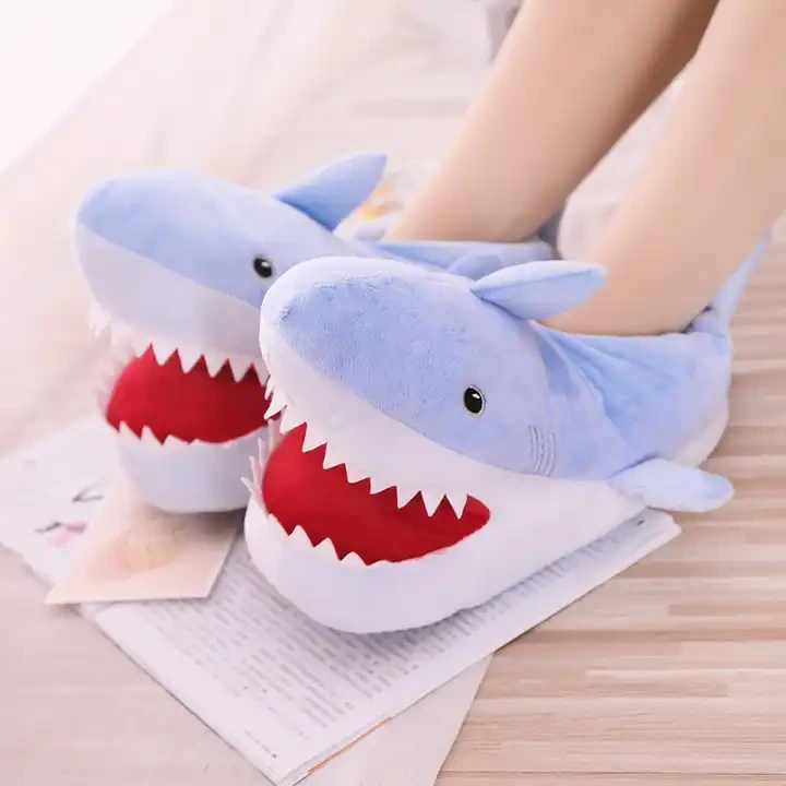Free Size Open Mouth Shark Head Plush Cotton Soft Bottom Non-Slip Indoor Slippers 1