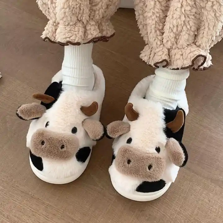 Cute Animals Cow Plush Home Slippers Women Winter Warm Fluffy Fur Home Slipper Kawaii Flat Slides Shoes 1