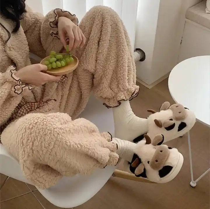 Cute Animals Cow Plush Home Slippers Women Winter Warm Fluffy Fur Home Slipper Kawaii Flat Slides Shoes 5