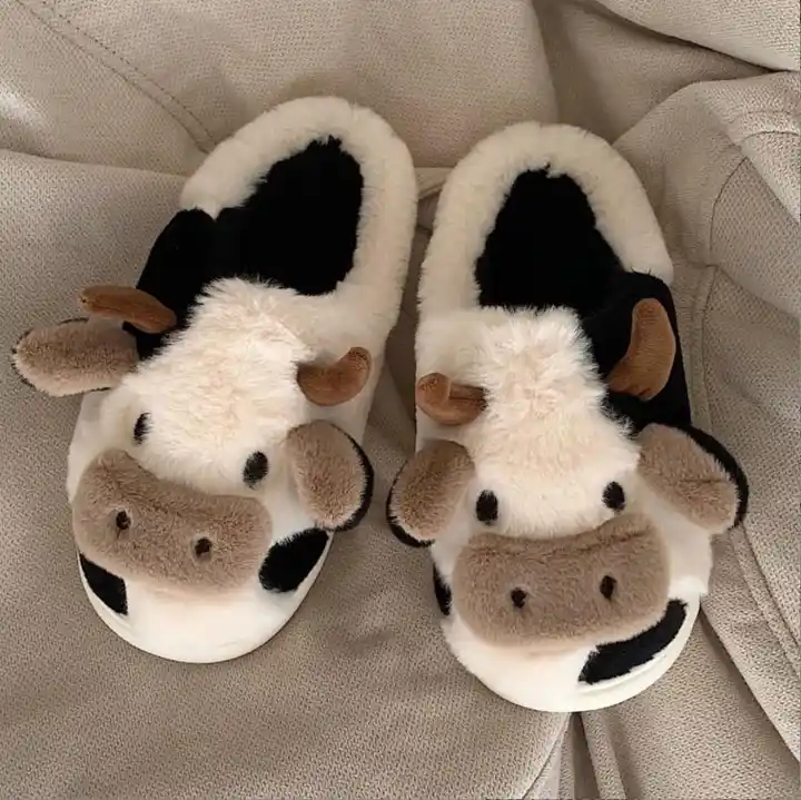 Cute Animals Cow Plush Home Slippers Women Winter Warm Fluffy Fur Home Slipper Kawaii Flat Slides Shoes 4