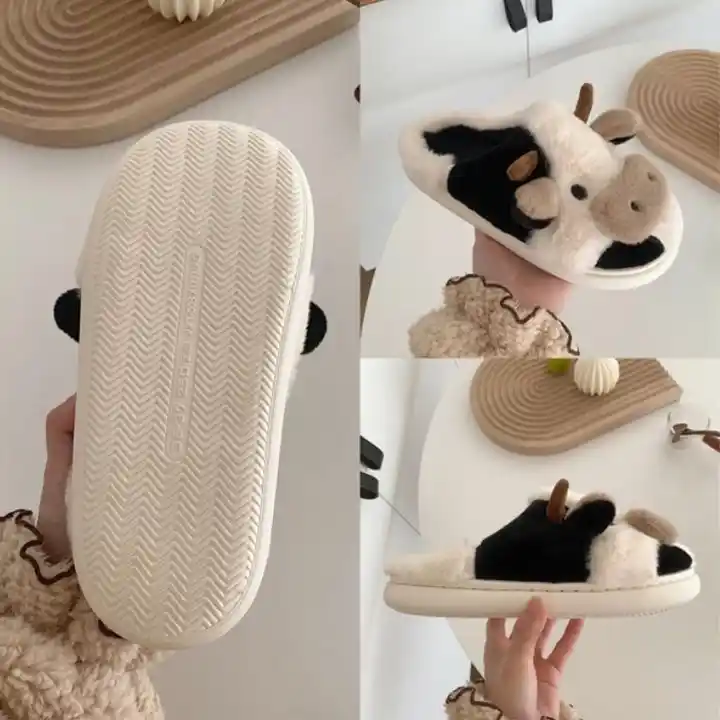 Cute Animals Cow Plush Home Slippers Women Winter Warm Fluffy Fur Home Slipper Kawaii Flat Slides Shoes 6