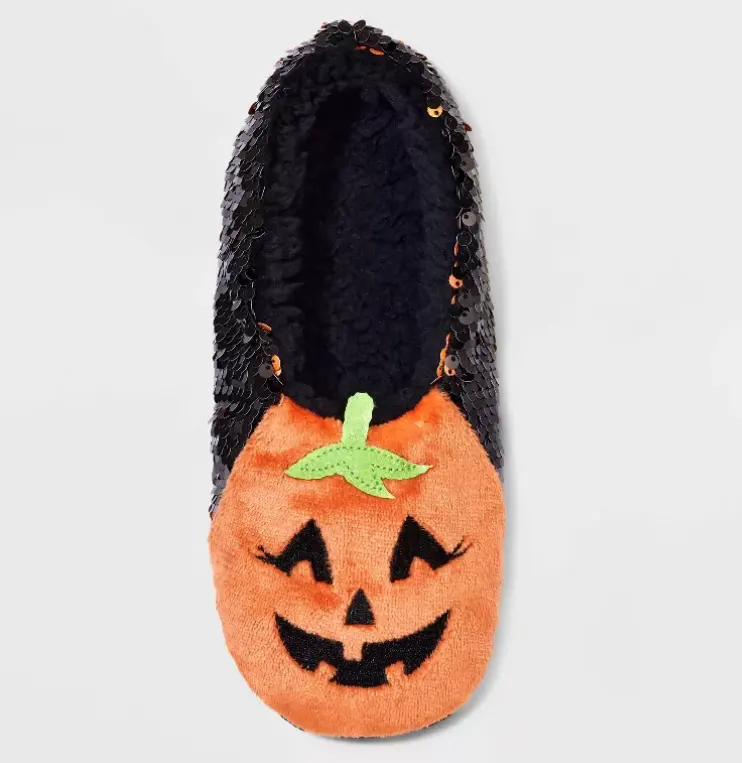 Women's Pumpkin Flip Sequin Pull On Slipper Socks with Grippers 4