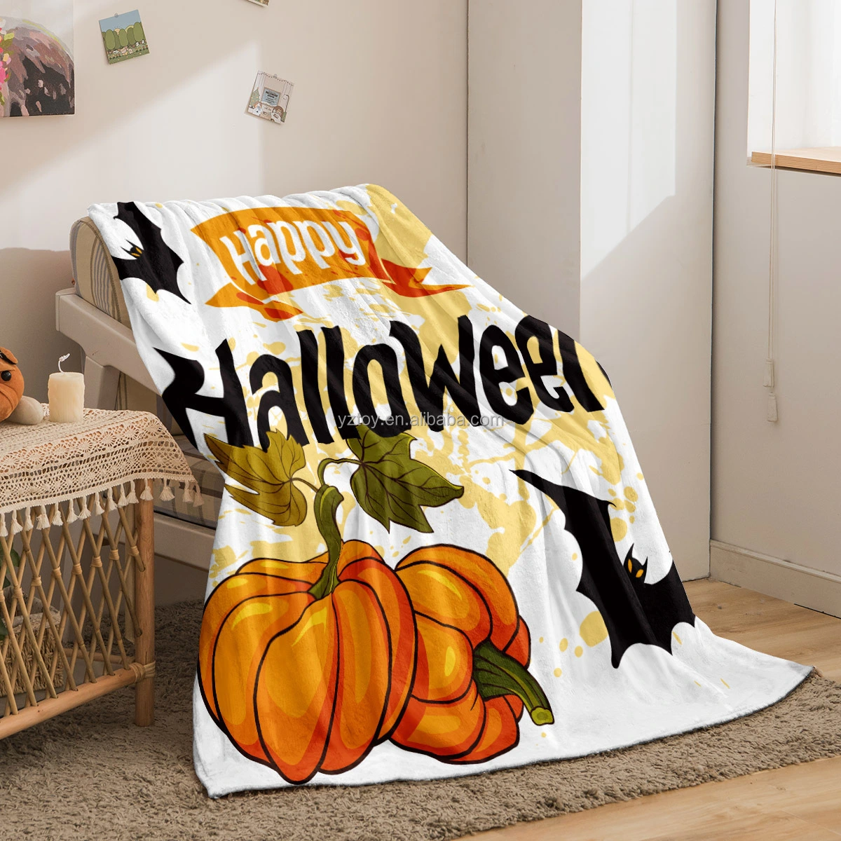 Custom Printing Velvet Throw Blanket Pumpkin Halloween Blanket 1