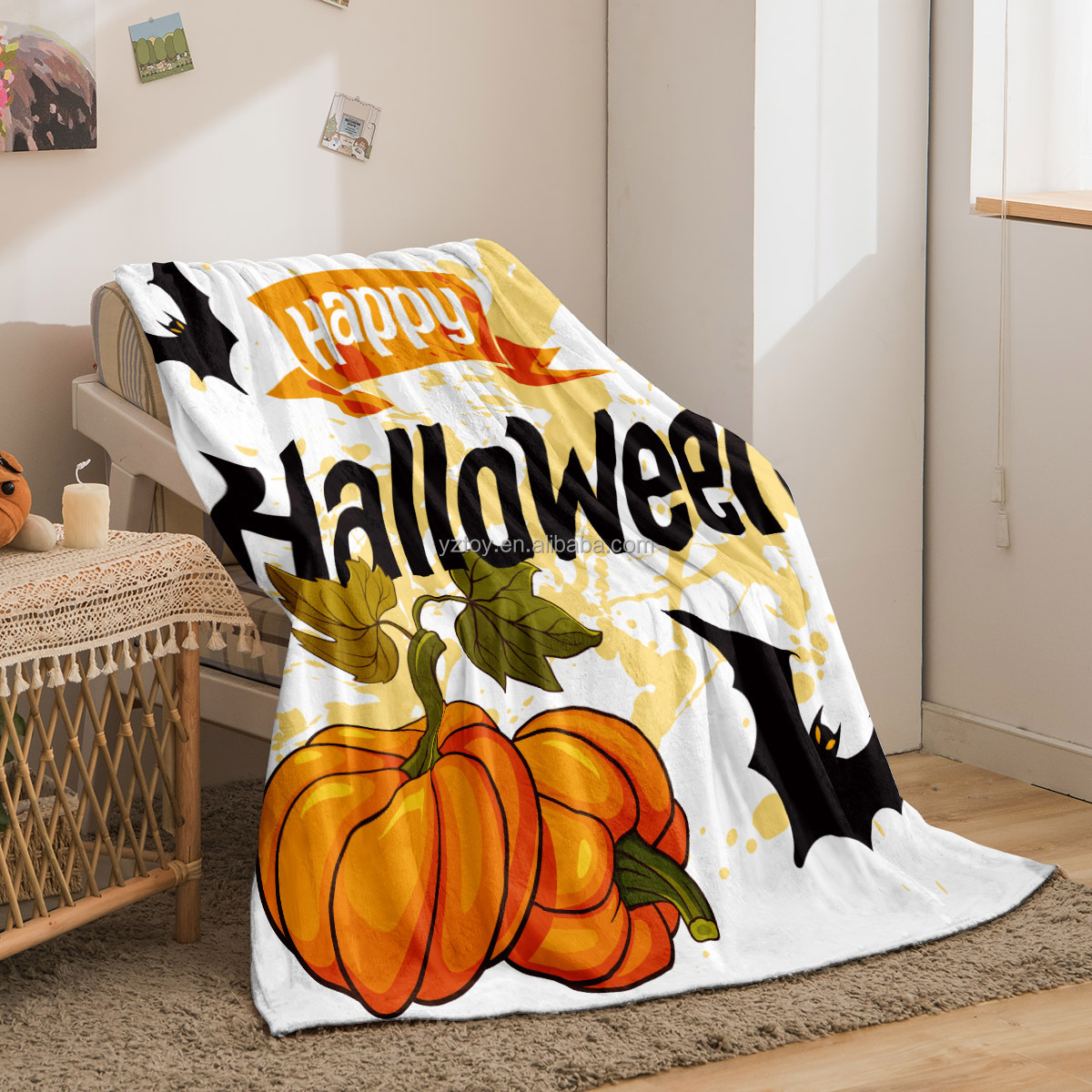 Custom Printing Velvet Throw Blanket Pumpkin Halloween Blanket 7