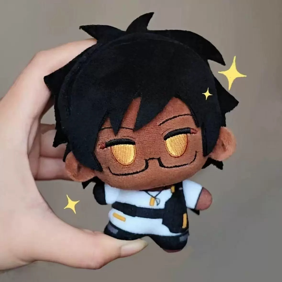 10cm Soft Chibi-Style Dark-Skinned Black Hair Character Plush Doll - Shiny Golden Eyes & Stylish Outfit 12