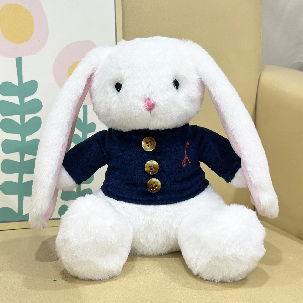 Mei Mei Bunny Plush - 23cm Cute White Rabbit Stuffed Toy with Navy Blue Buttoned Jacket, 203g Soft &amp; Huggable Compan 1
