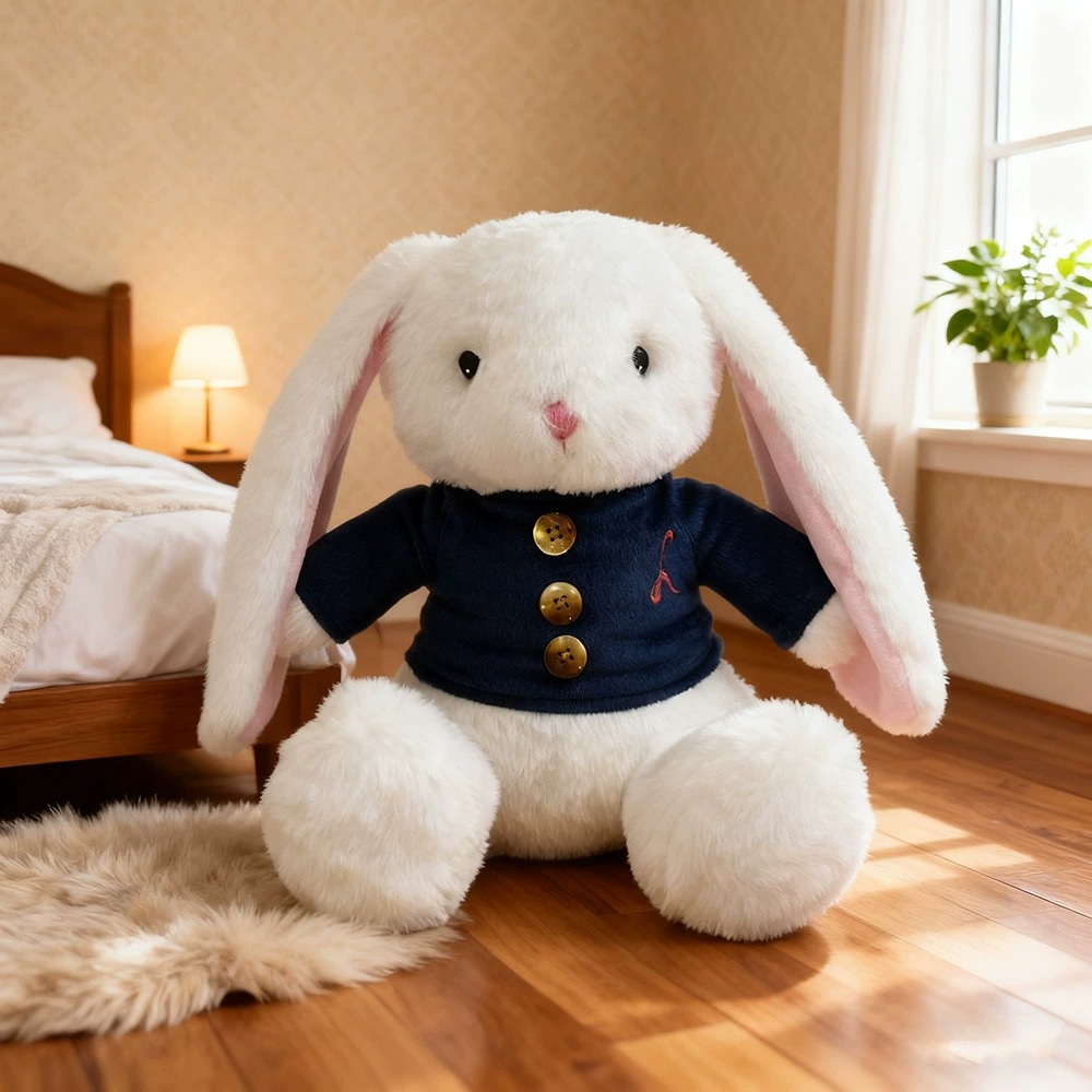 Mei Mei Bunny Plush - 23cm Cute White Rabbit Stuffed Toy with Navy Blue Buttoned Jacket, 203g Soft & Huggable Compan 19