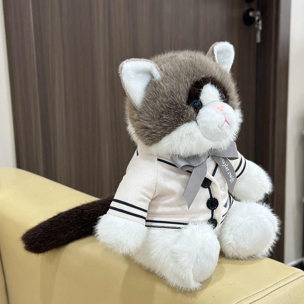 25cm Folklore Album Cardigan Plush Cat Fluffy Gray & White Uniform Soft Cuddly Stuffed Animal with Cream Jacket & Bow 15