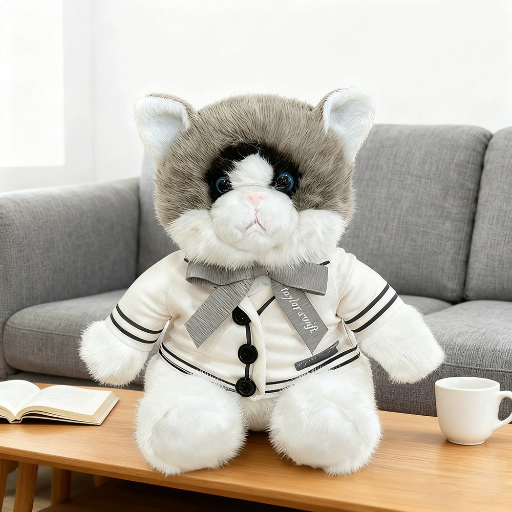 25cm Folklore Album Cardigan Plush Cat Fluffy Gray & White Uniform Soft Cuddly Stuffed Animal with Cream Jacket & Bow 12