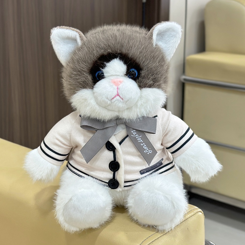25cm Folklore Album Cardigan Plush Cat Fluffy Gray & White Uniform Soft Cuddly Stuffed Animal with Cream Jacket & Bow 16
