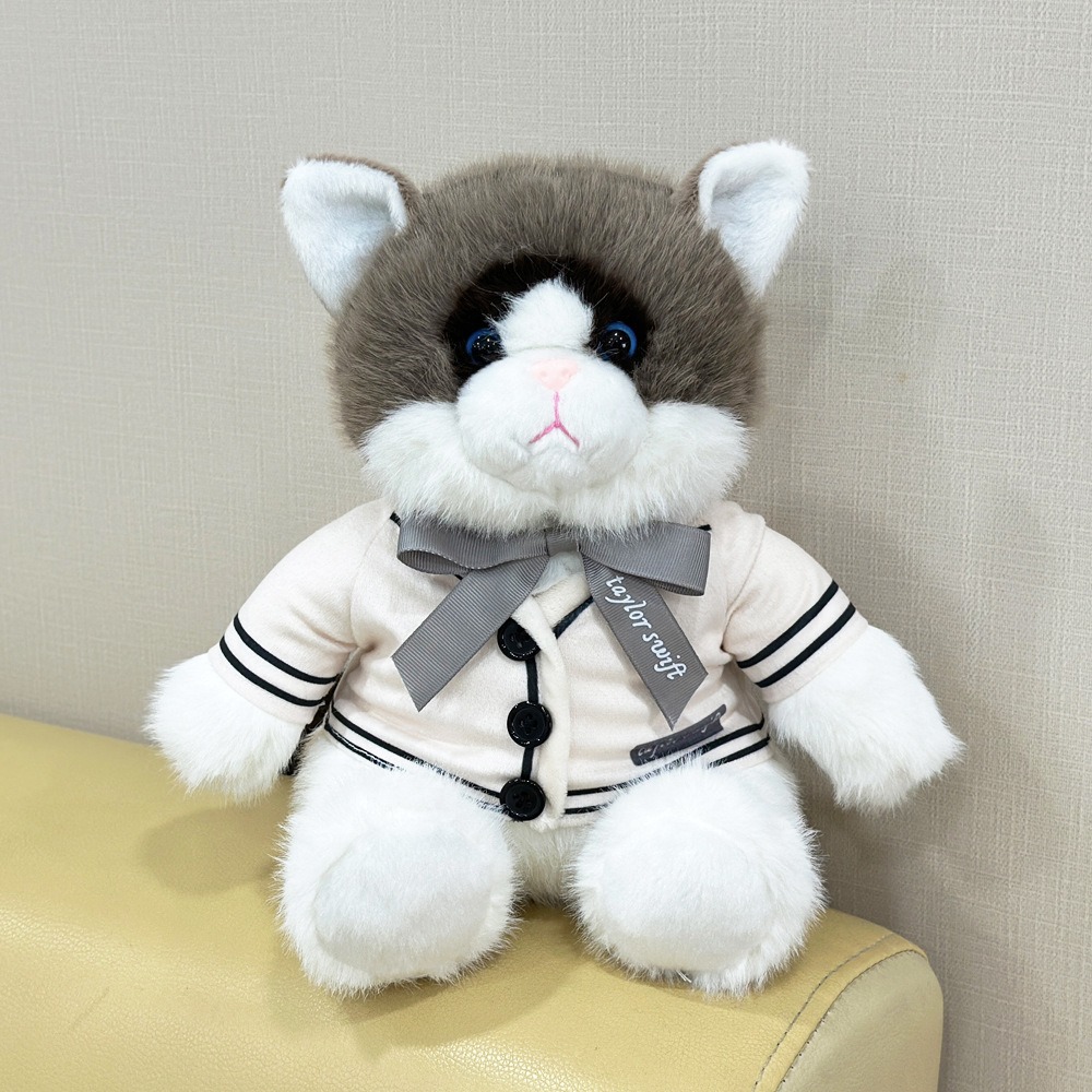 25cm Folklore Album Cardigan Plush Cat Fluffy Gray & White Uniform Soft Cuddly Stuffed Animal with Cream Jacket & Bow 19