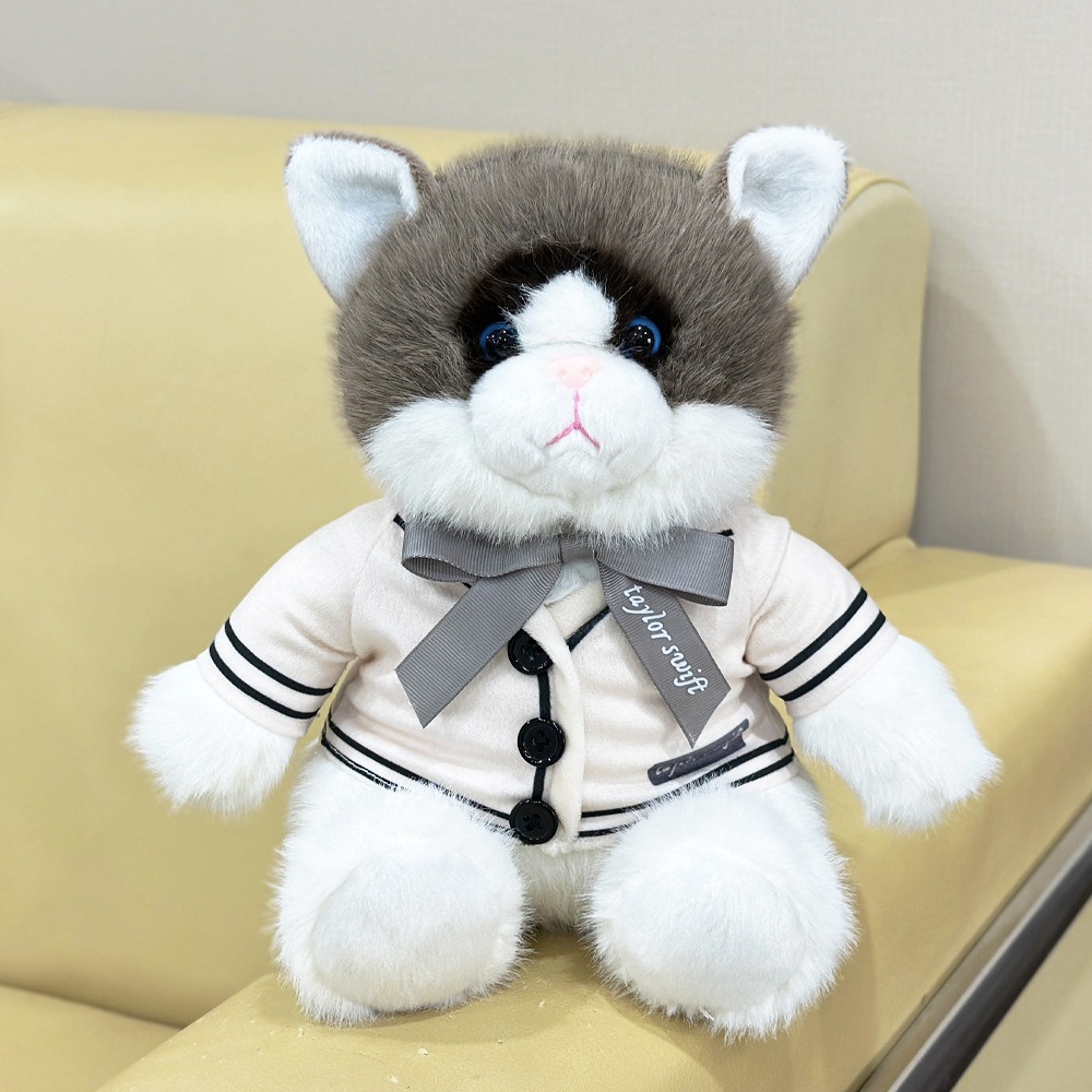 25cm Folklore Album Cardigan Plush Cat Fluffy Gray & White Uniform Soft Cuddly Stuffed Animal with Cream Jacket & Bow 17