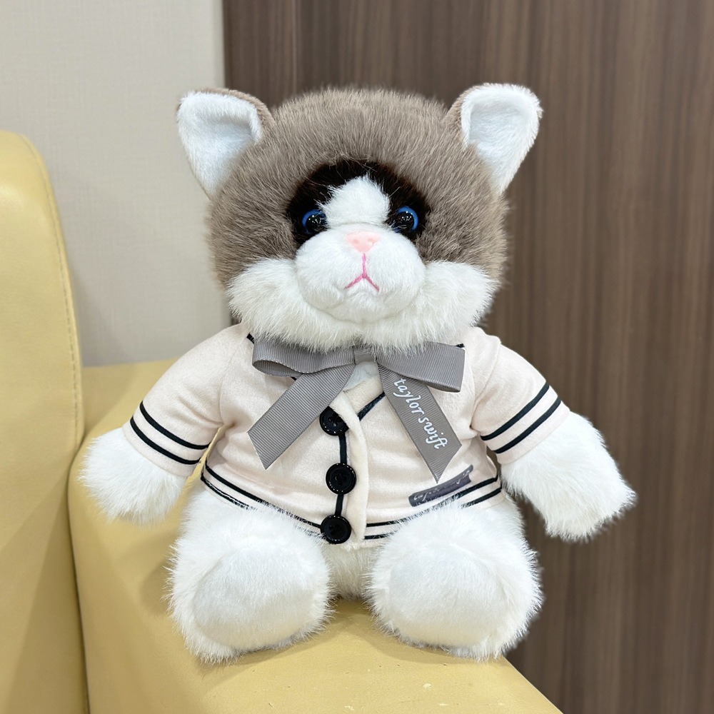25cm Folklore Album Cardigan Plush Cat Fluffy Gray & White Uniform Soft Cuddly Stuffed Animal with Cream Jacket & Bow 18