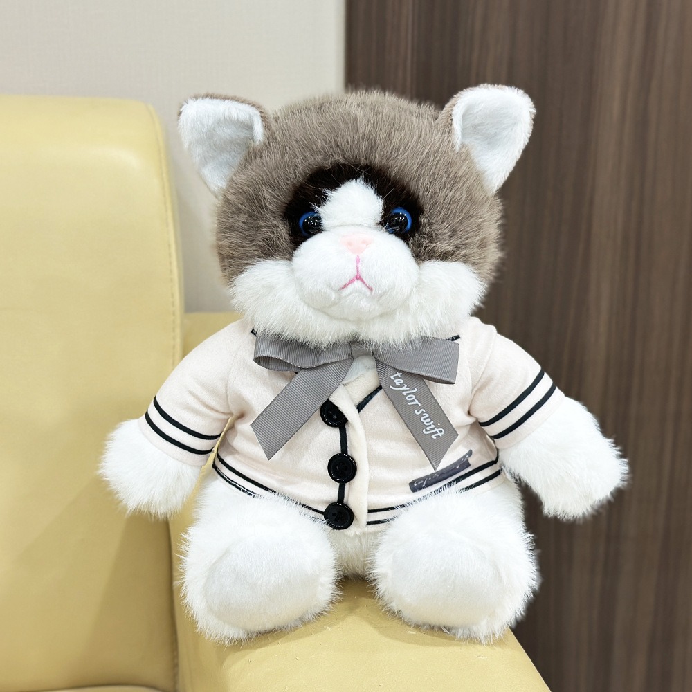 25cm Folklore Album Cardigan Plush Cat Fluffy Gray & White Uniform Soft Cuddly Stuffed Animal with Cream Jacket & Bow 13