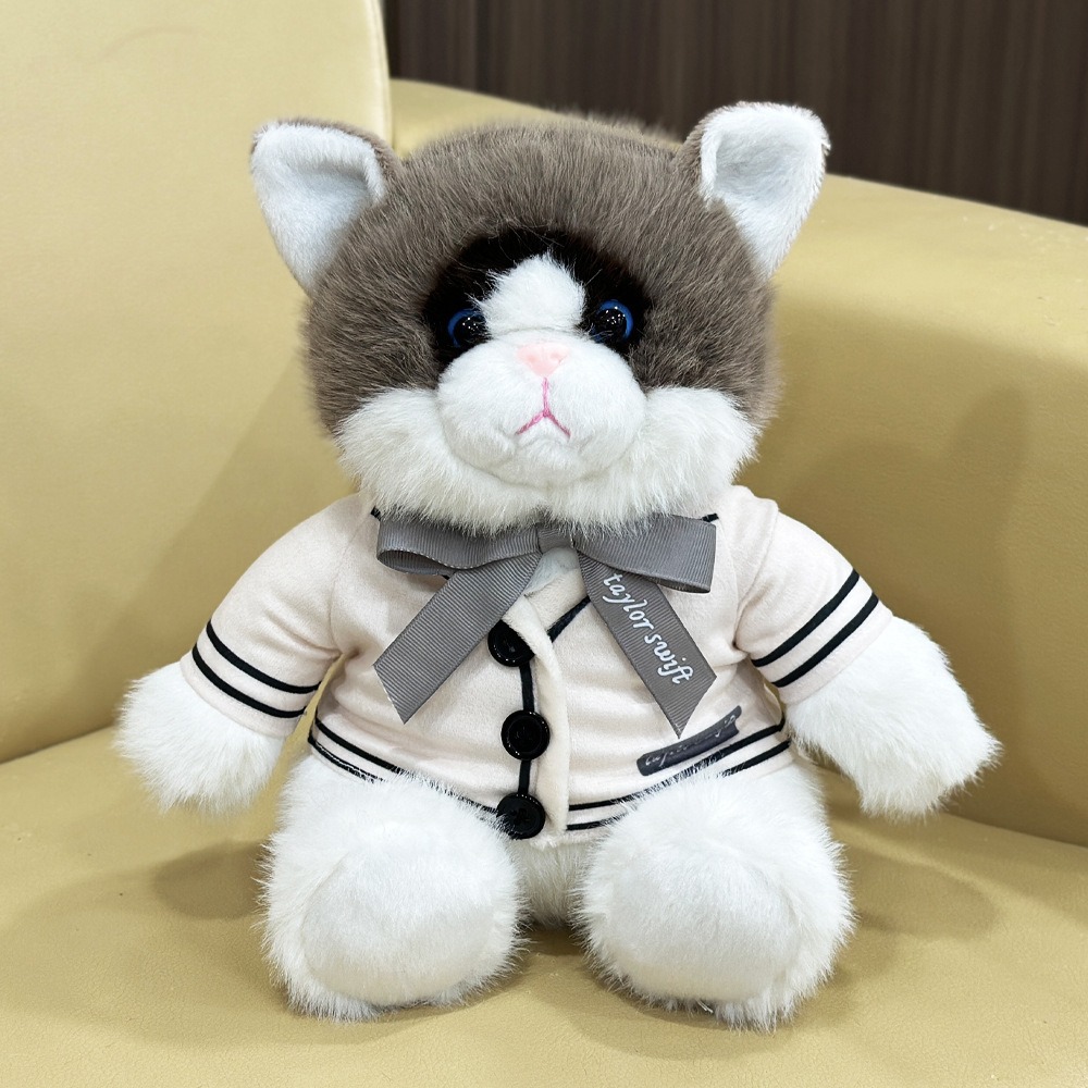 25cm Folklore Album Cardigan Plush Cat Fluffy Gray & White Uniform Soft Cuddly Stuffed Animal with Cream Jacket & Bow 14