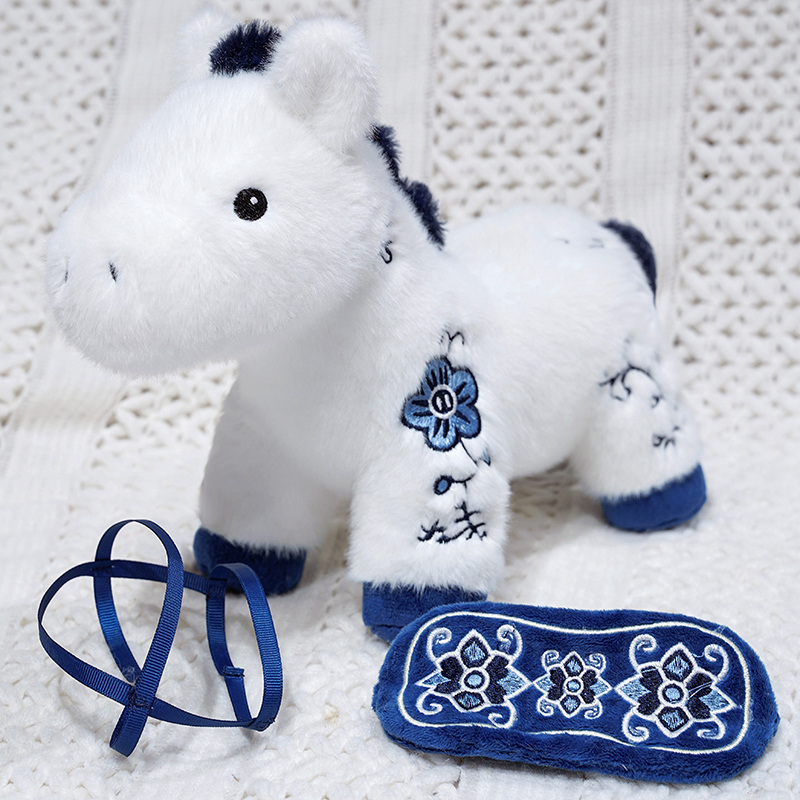 Blue and White Porcelain Pony Plush Doll - Soft Stuffed Chinese Style Blue and White Porcelain Horse Toy 12