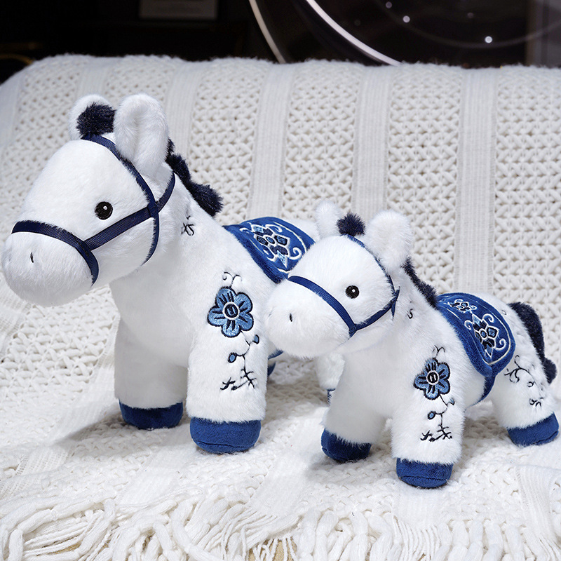 Blue and White Porcelain Pony Plush Doll - Soft Stuffed Chinese Style Blue and White Porcelain Horse Toy 14