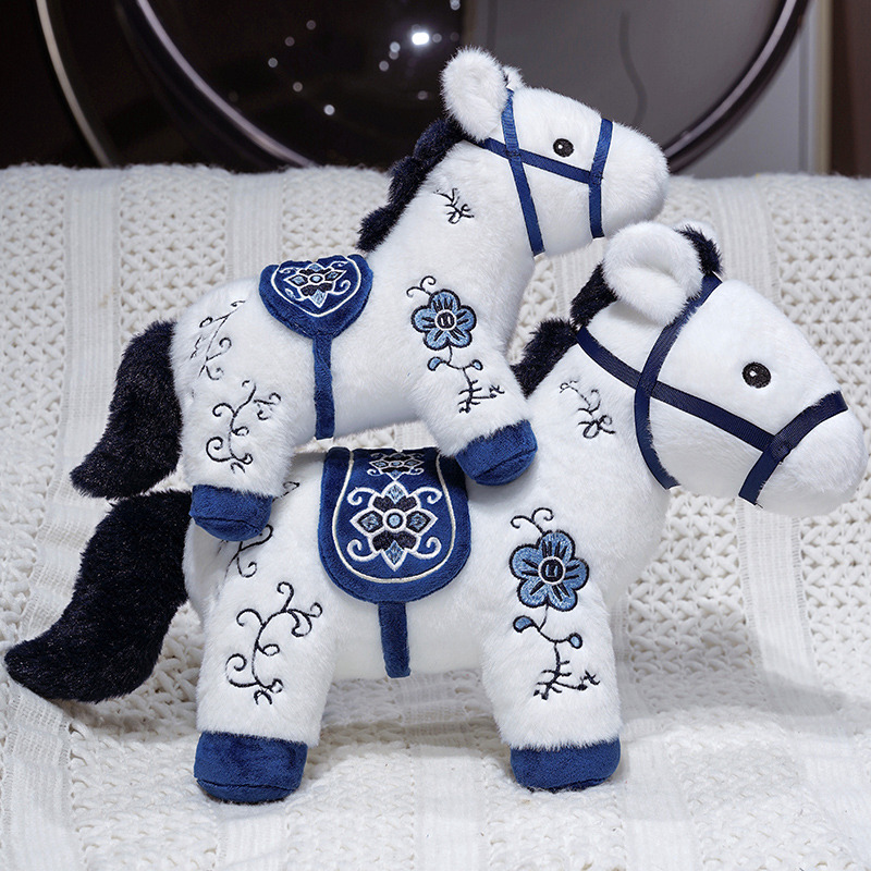 Blue and White Porcelain Pony Plush Doll - Soft Stuffed Chinese Style Blue and White Porcelain Horse Toy 15