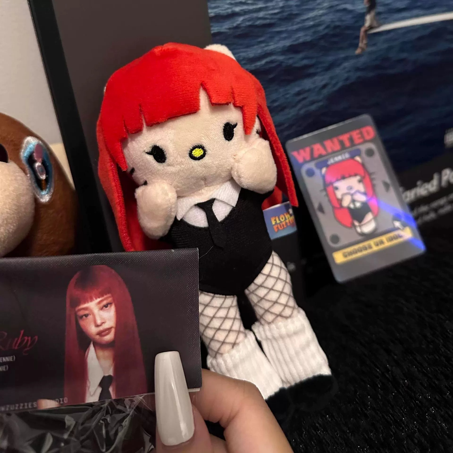 Red-Haired Hello Kitty Plush Keychain | Anime-Style Cosplay Mascot Bag Charm (Fishnet & Tie Outfit) 11