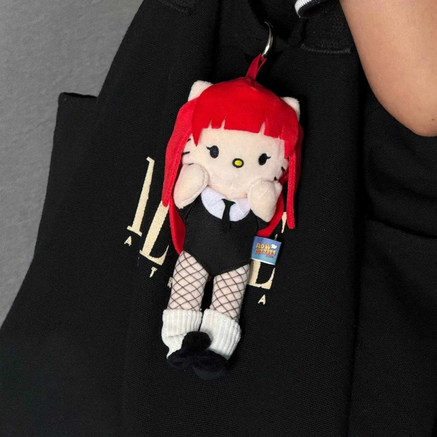 Red-Haired Hello Kitty Plush Keychain | Anime-Style Cosplay Mascot Bag Charm (Fishnet &amp; Tie Outfit) 1