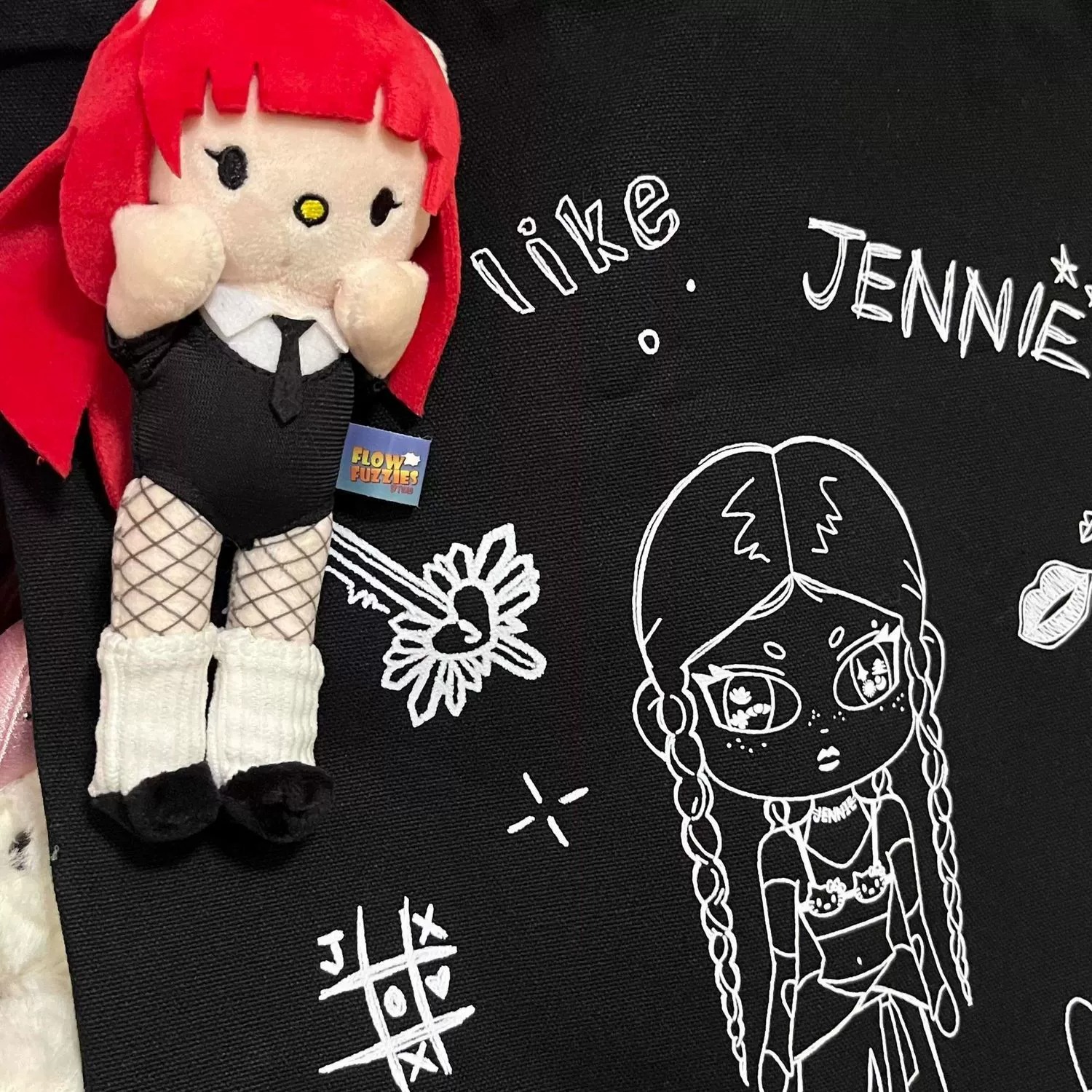 Red-Haired Hello Kitty Plush Keychain | Anime-Style Cosplay Mascot Bag Charm (Fishnet & Tie Outfit) 10