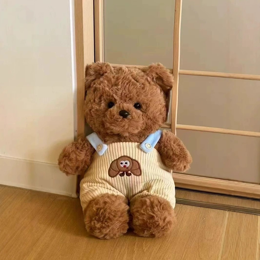 30cm Cute Brown Teddy Bear Plush Toy - Soft Stuffed Animal with Beige Corduroy Overalls & Elephant Embroidery 10