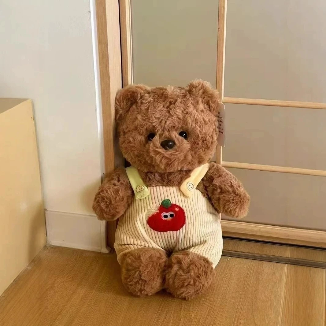 30cm Cute Brown Teddy Bear Plush Toy - Soft Stuffed Animal with Beige Corduroy Overalls &amp; Elephant Embroidery 1