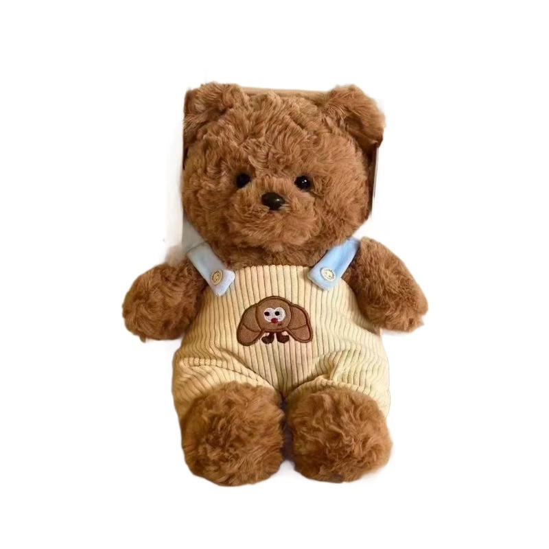 30cm Cute Brown Teddy Bear Plush Toy - Soft Stuffed Animal with Beige Corduroy Overalls & Elephant Embroidery 13