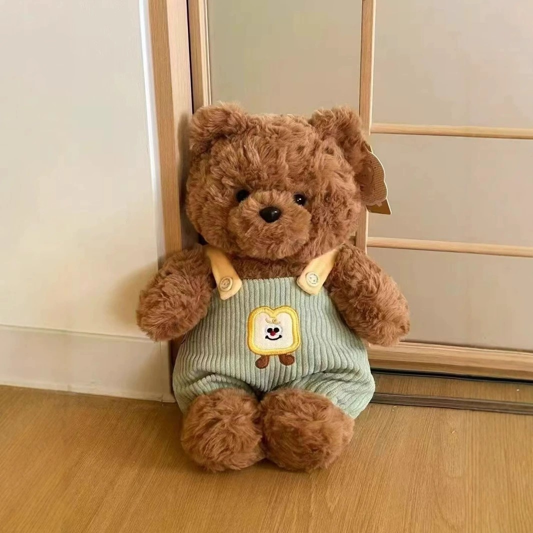 30cm Cute Brown Teddy Bear Plush Toy - Soft Stuffed Animal with Beige Corduroy Overalls & Elephant Embroidery 11