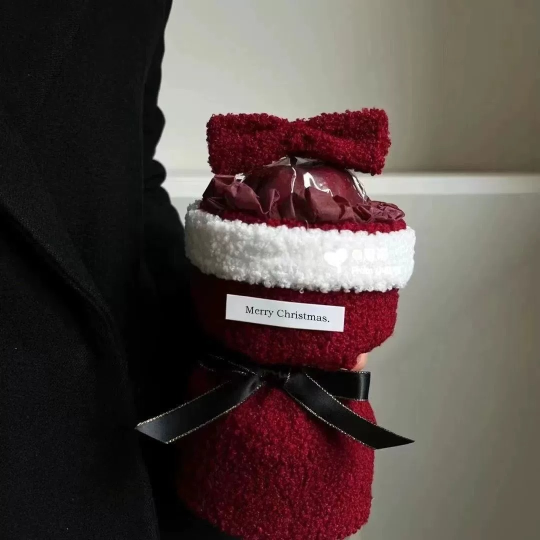 Christmas Plush Santa Hat Bouquet with Red Bow - Festive Apple Gift for Christmas Celebration 12