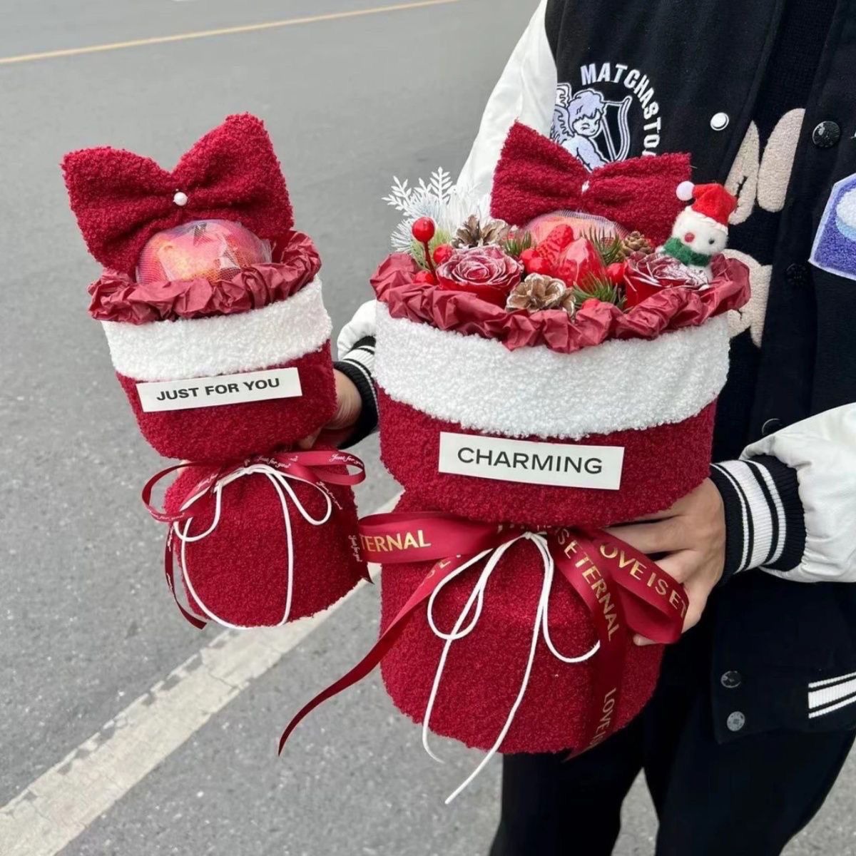 Christmas Plush Santa Hat Bouquet with Red Bow - Festive Apple Gift for Christmas Celebration 14