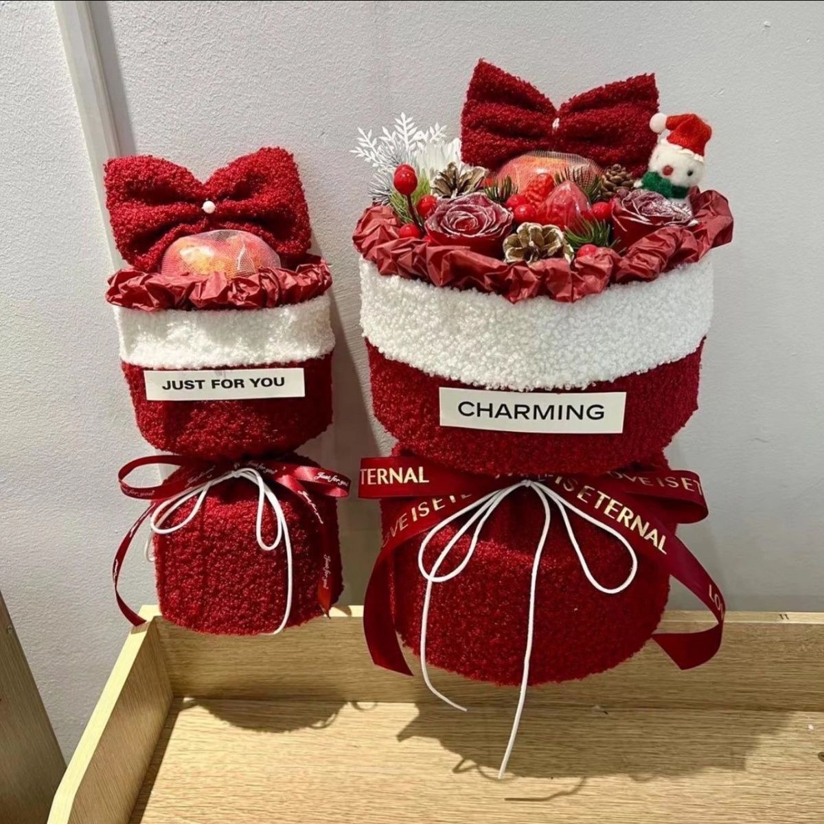 Christmas Plush Santa Hat Bouquet with Red Bow - Festive Apple Gift for Christmas Celebration 15