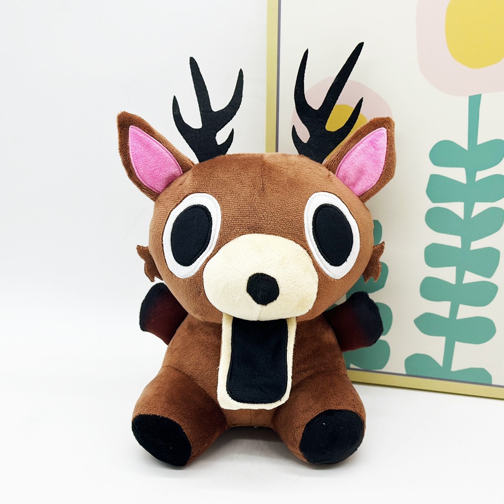 Cute Brown Deer Plush Toy with Big Eyes, Black Antlers & Unique Open-Mouth Design - Soft Stuffed Animal Doll for Collect 13