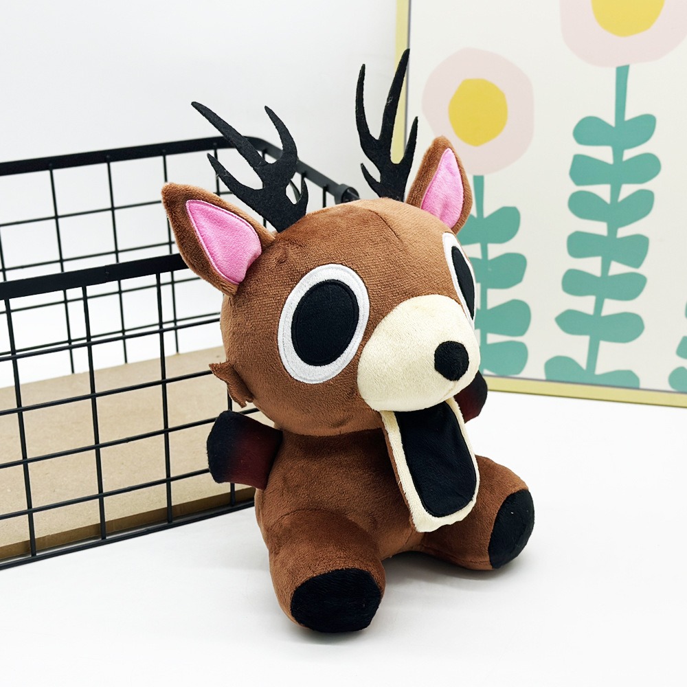 Cute Brown Deer Plush Toy with Big Eyes, Black Antlers & Unique Open-Mouth Design - Soft Stuffed Animal Doll for Collect 12