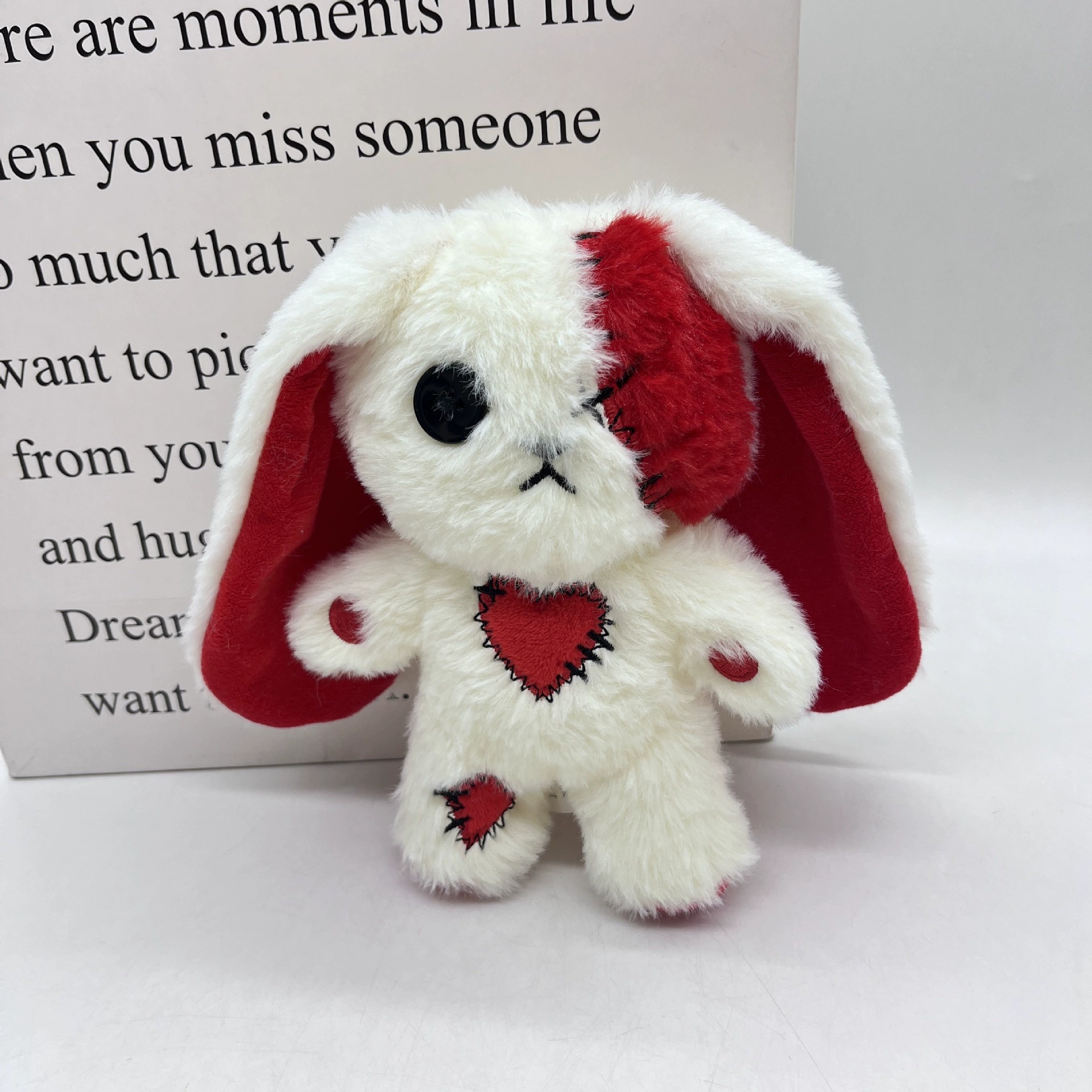 Gothic Red & White Patchwork Plush Bunny with Button Eye, Stitched Heart & Patches - Dark Cute Aesthetic Stuffed Animal 11