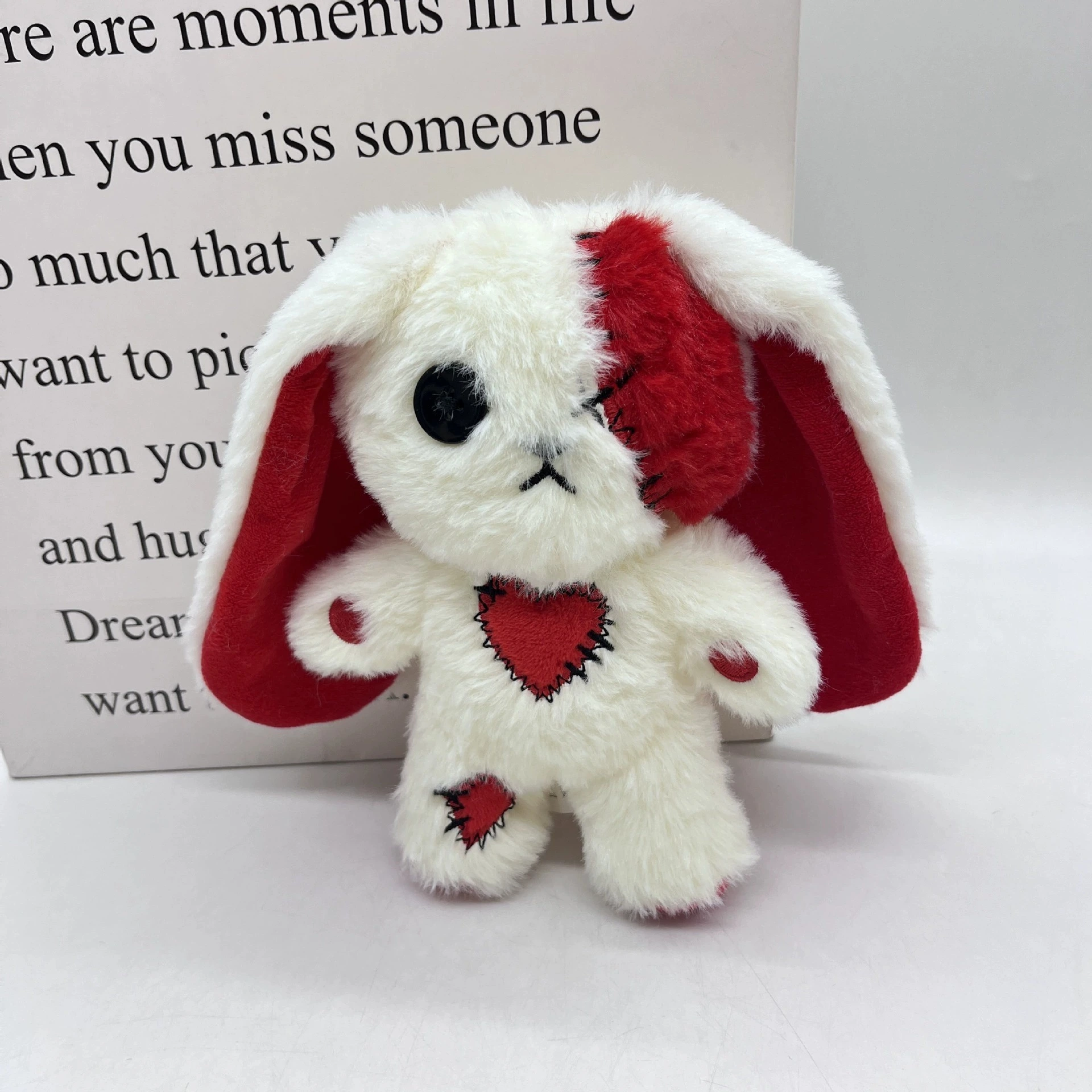 Gothic Red &amp; White Patchwork Plush Bunny with Button Eye, Stitched Heart &amp; Patches - Dark Cute Aesthetic Stuffed Animal 1