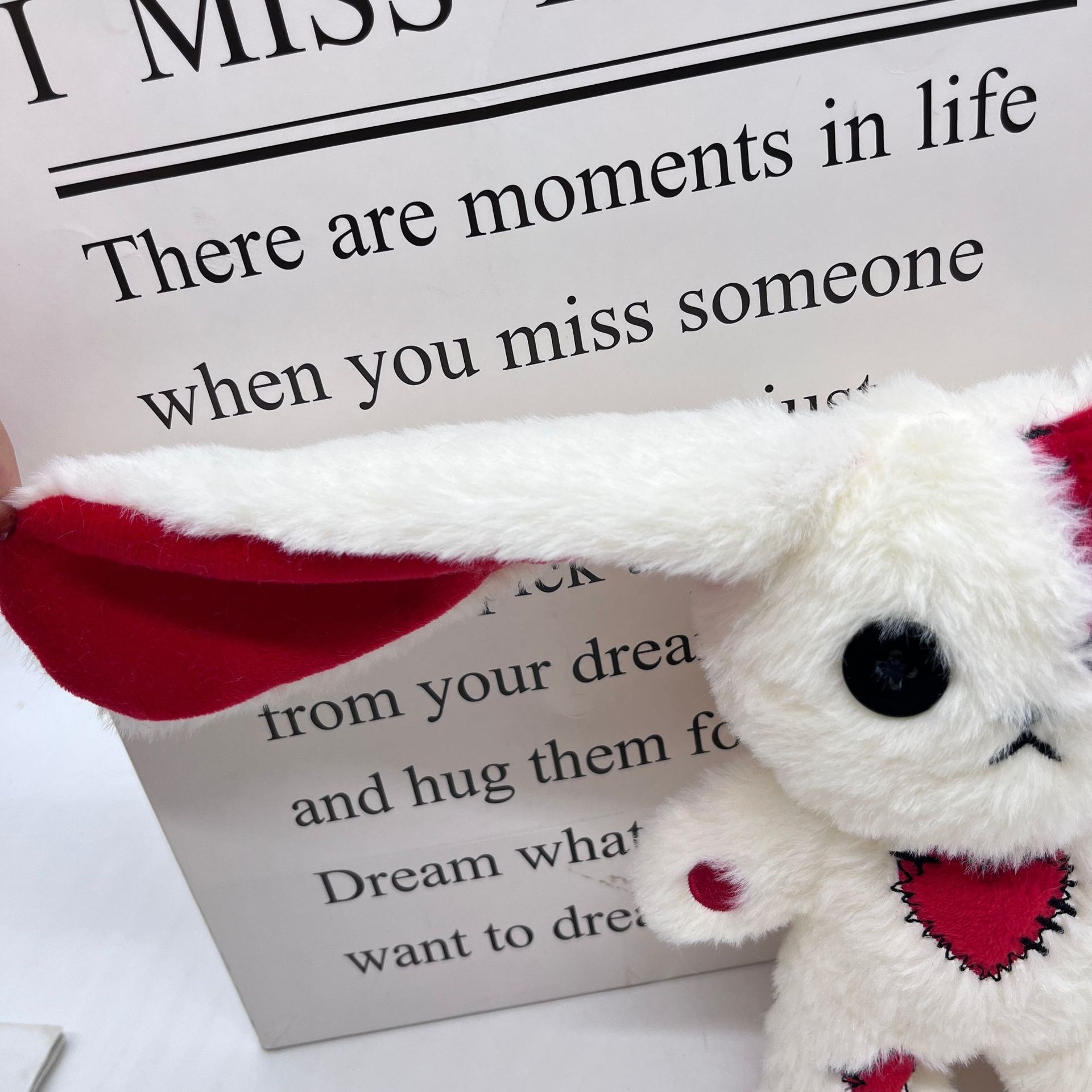 Gothic Red & White Patchwork Plush Bunny with Button Eye, Stitched Heart & Patches - Dark Cute Aesthetic Stuffed Animal 14