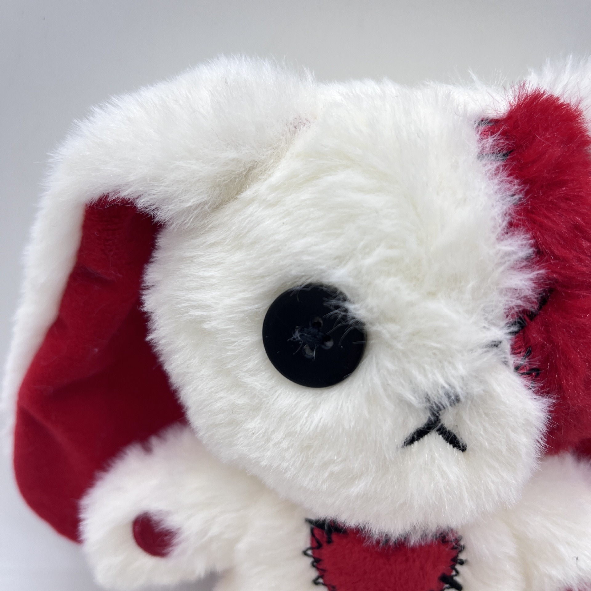 Gothic Red & White Patchwork Plush Bunny with Button Eye, Stitched Heart & Patches - Dark Cute Aesthetic Stuffed Animal 13