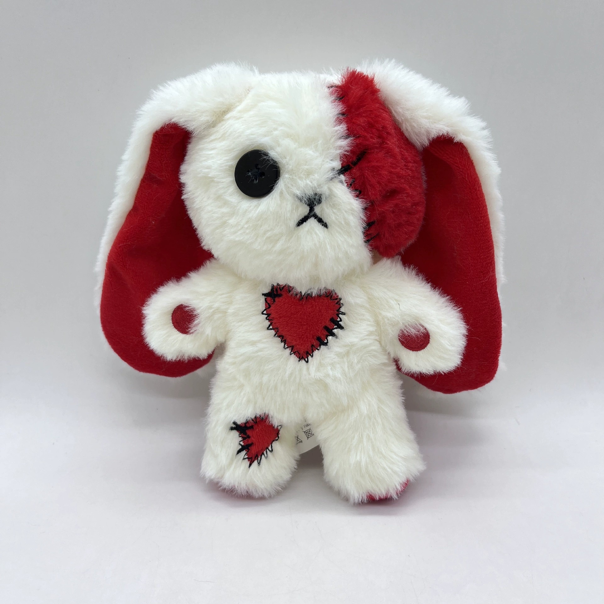 Gothic Red & White Patchwork Plush Bunny with Button Eye, Stitched Heart & Patches - Dark Cute Aesthetic Stuffed Animal 12