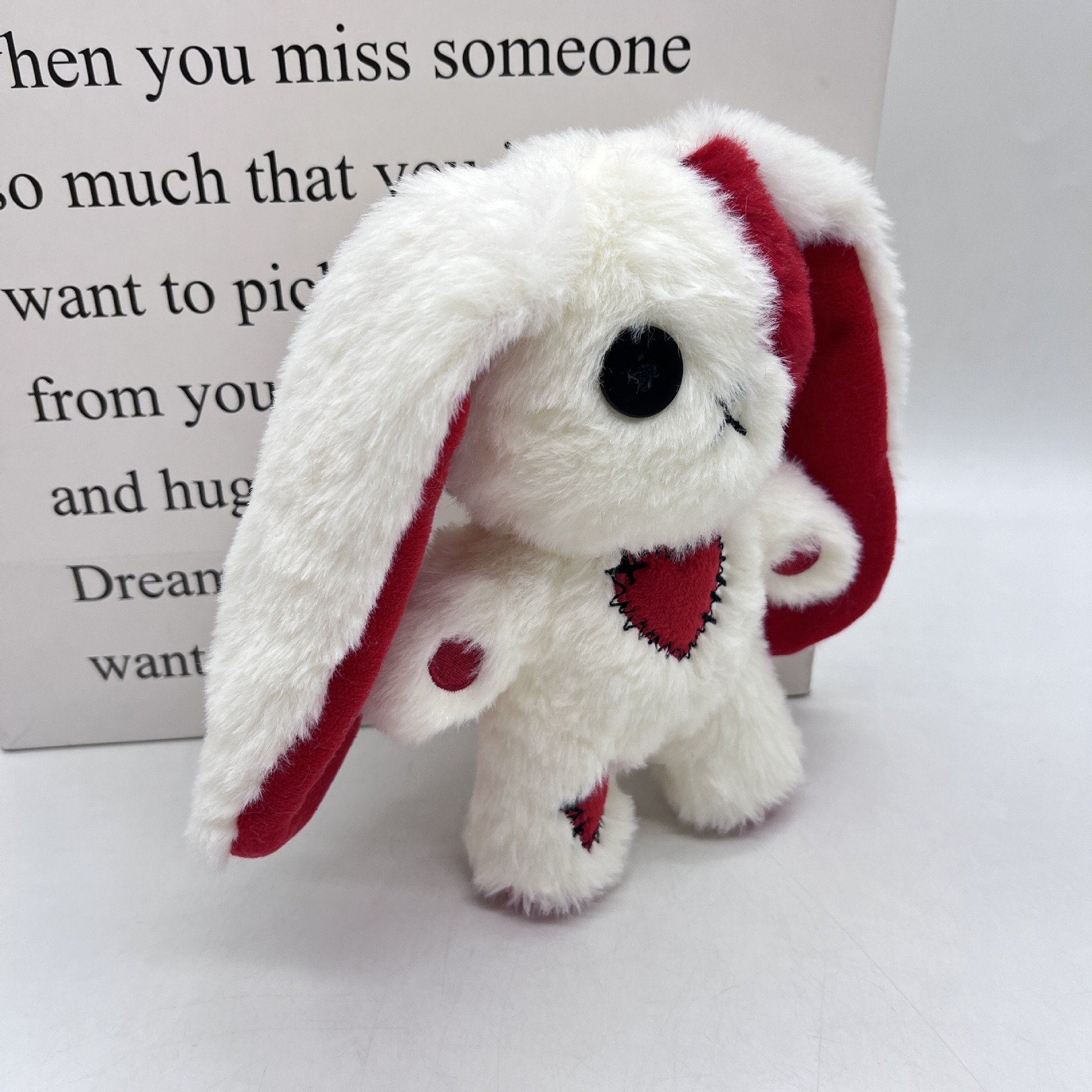 Gothic Red & White Patchwork Plush Bunny with Button Eye, Stitched Heart & Patches - Dark Cute Aesthetic Stuffed Animal 17