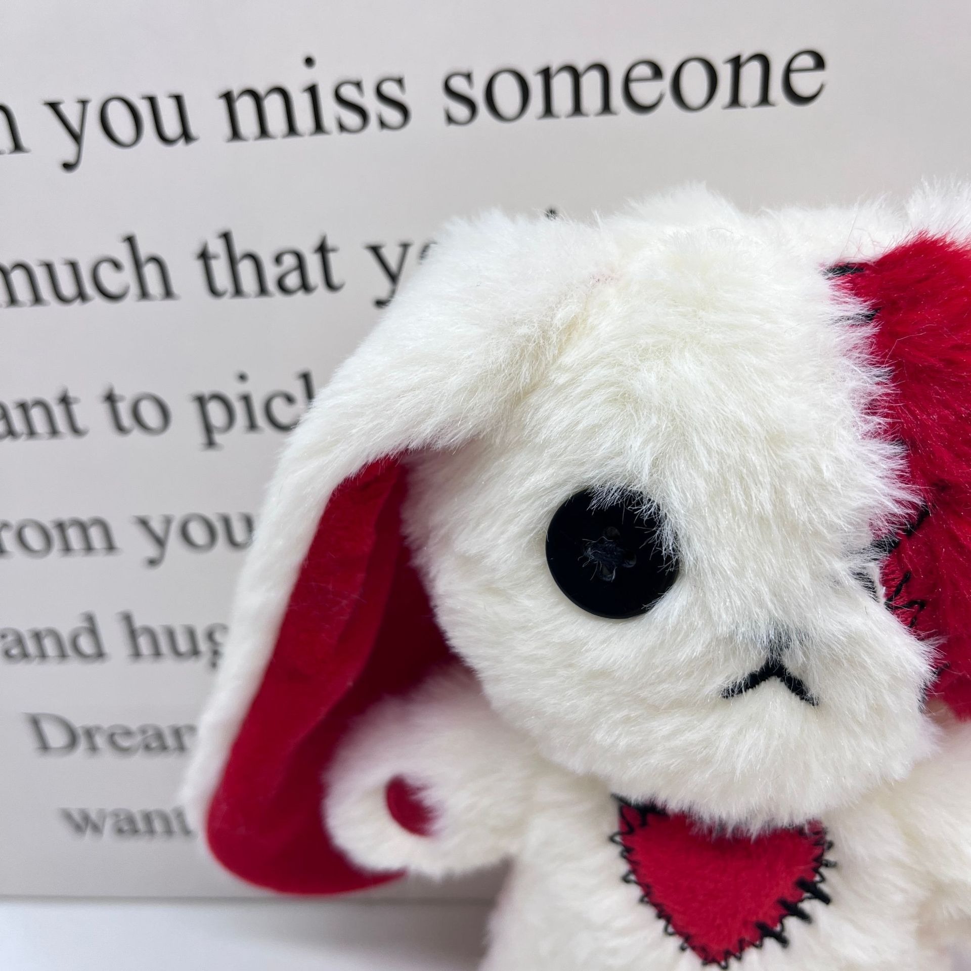 Gothic Red & White Patchwork Plush Bunny with Button Eye, Stitched Heart & Patches - Dark Cute Aesthetic Stuffed Animal 16