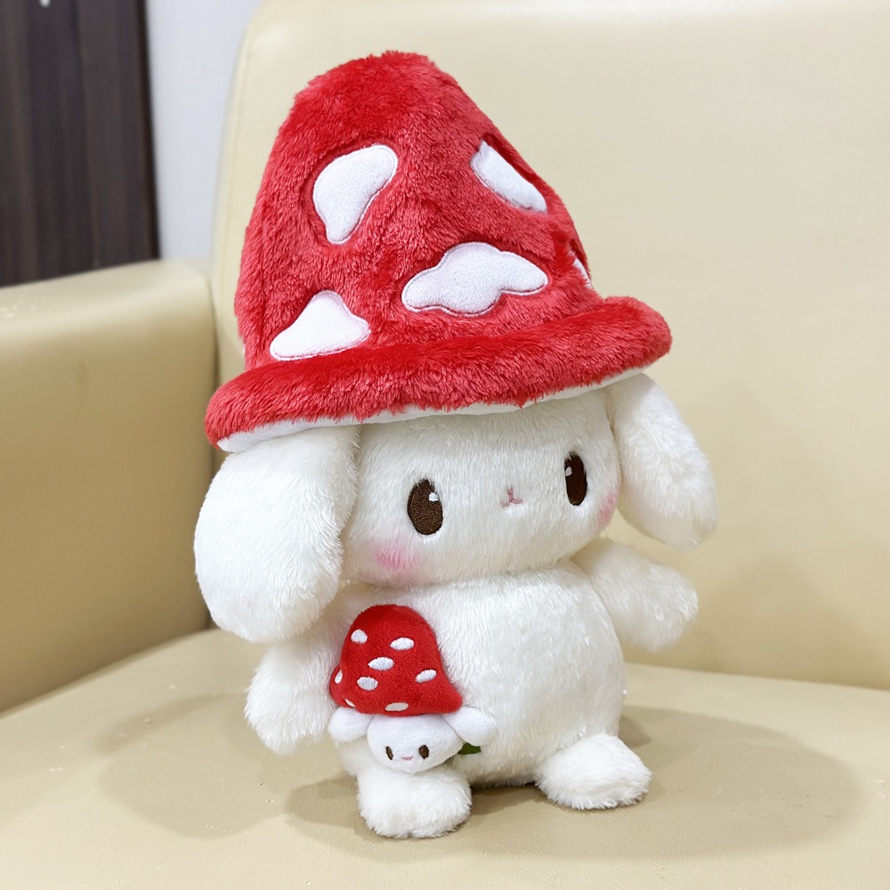 30cm Cute Mushroom Hat Bunny Plush Toy - Adorable White Rabbit Stuffed Animal with Pink Mushroom Accent 15