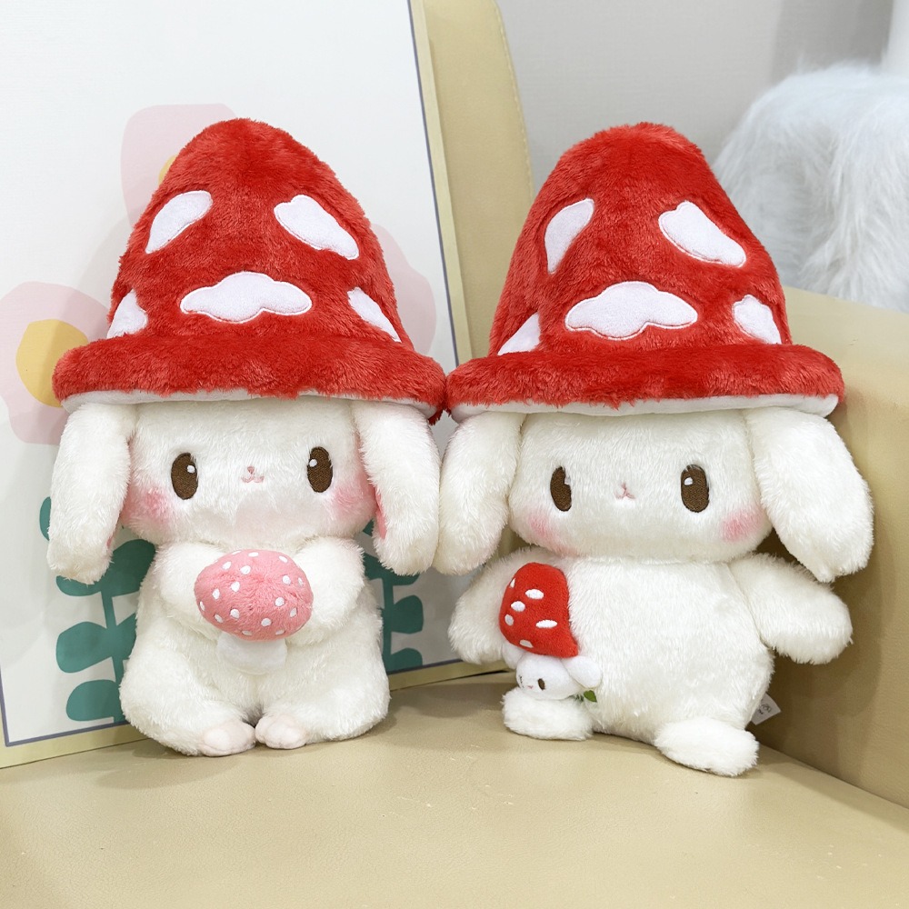 30cm Cute Mushroom Hat Bunny Plush Toy - Adorable White Rabbit Stuffed Animal with Pink Mushroom Accent 13